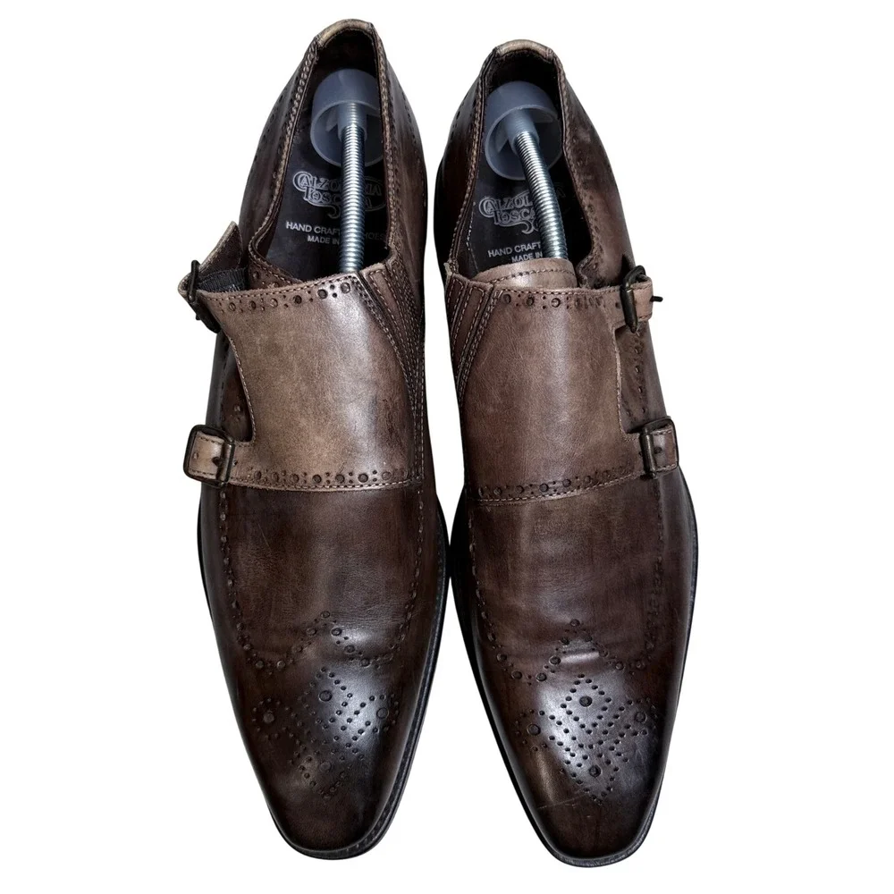 Calzoleria Toscana Monk Strap Shoes Mens 45 Brown Leather Wingtip Brogue Italy